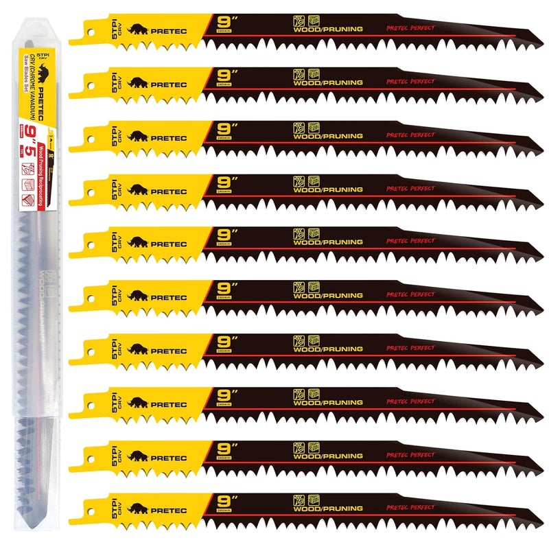 PRETEC Wood Pruning Reciprocating Saw Blades, 9 Inch Pruning Blades for Reciprocating Saw, High Carbon Steel Reciprocal Saw Blades for Tree Trimming, Wood Cutting with Organizer Case, (10 Pack/5TPI) - Image 1